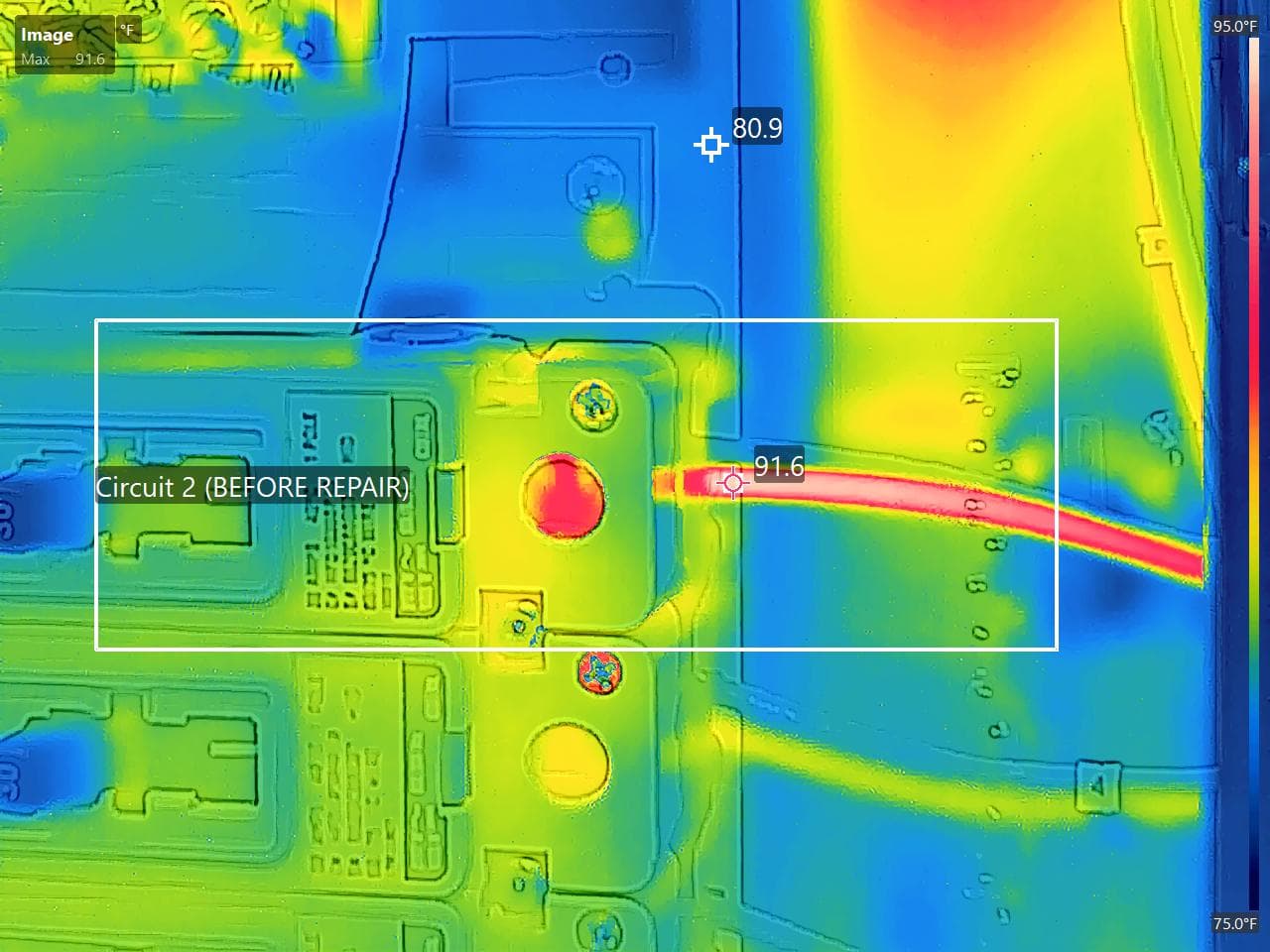 Thermal image: Improperly seated conductor in a rectifier circuit