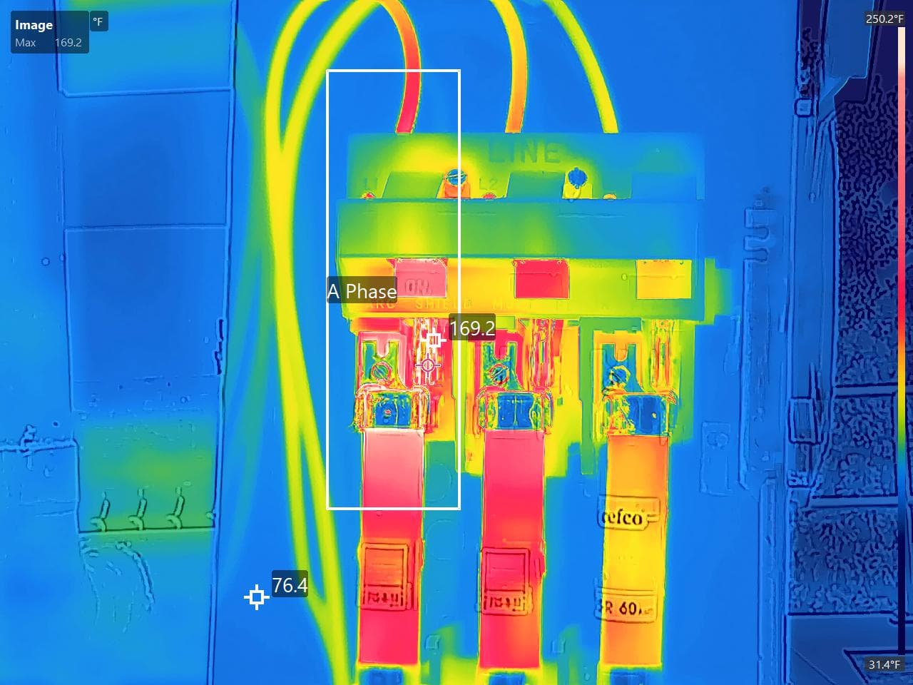 Thermal image: Failing rooftop disconnect for a CRAC condenser